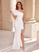 ADYCE One Shoulder Ruffle Trim Front Slit Party Prom Dress